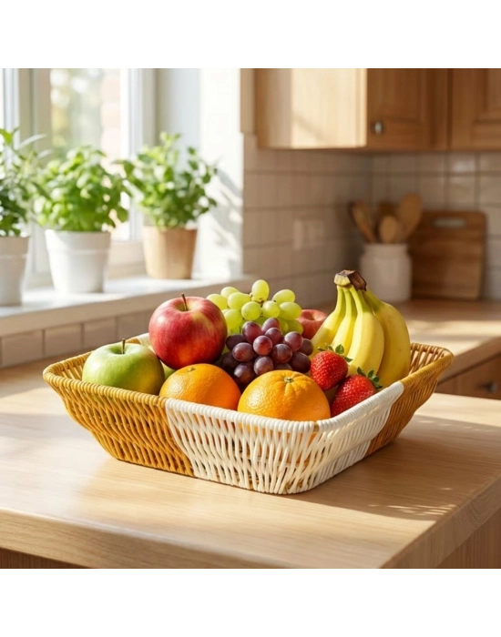 ®  Kare Çift Renkli Plastik Rattan Ekmek ve Meyve Sepeti - Çok Amaçlı Banyo ve Mutfak Düzenleyici - Yıkanabilir Tezgâh Üstü Organizer