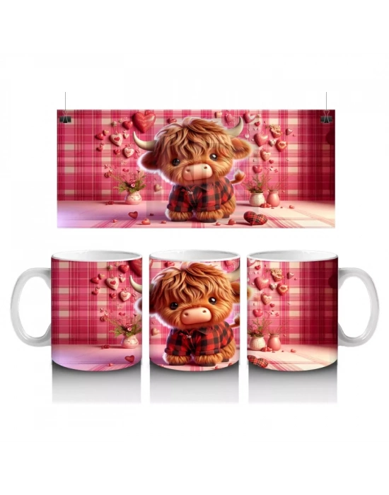 Kare Desenli Fon Üzerinde Romantik Boğa – Baskılı Kahve Kupası