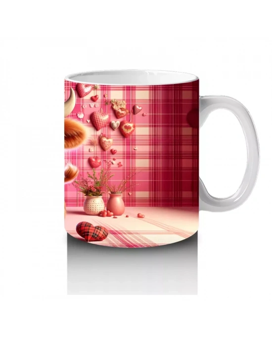 Kare Desenli Fon Üzerinde Romantik Boğa – Baskılı Kahve Kupası