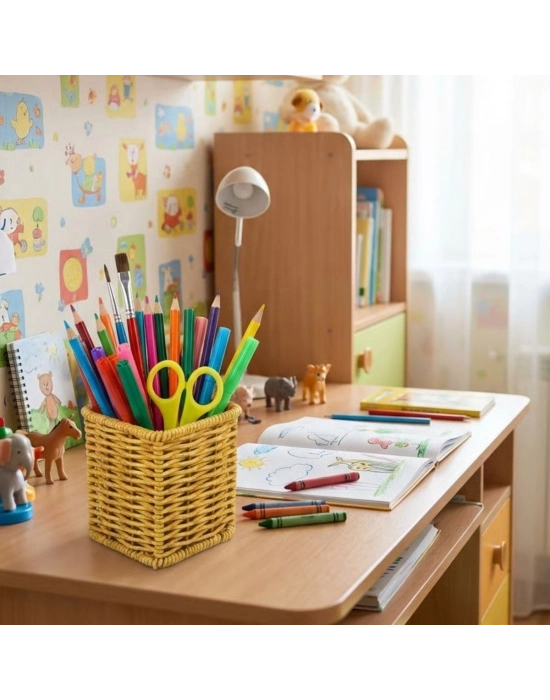 ®  Kare Hasır Dokulu Plastik Rattan Kaşıklık & Çatallık – Askılı Kendiliğinden Tutmalı Çok Amaçlı Mutfak Organizeri