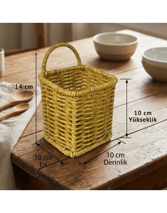 ®  Kare Hasır Dokulu Plastik Rattan Kaşıklık & Çatallık – Askılı Kendiliğinden Tutmalı Çok Amaçlı Mutfak Organizeri