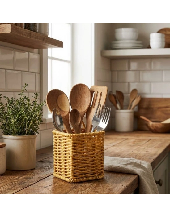®  Kare Hasır Dokulu Plastik Rattan Kaşıklık & Çatallık – Askılı Kendiliğinden Tutmalı Çok Amaçlı Mutfak Organizeri