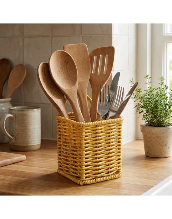 ®  Kare Hasır Dokulu Plastik Rattan Kaşıklık & Çatallık – Askılı Kendiliğinden Tutmalı Çok Amaçlı Mutfak Organizeri