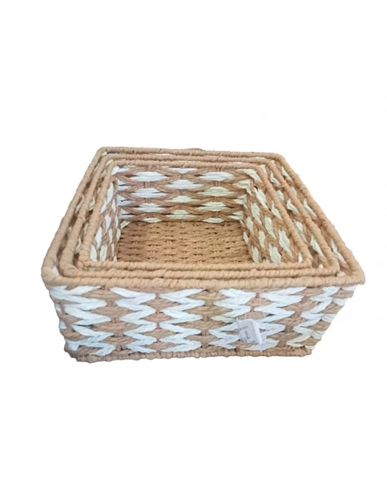 Kare Örgü Desenli Doğal Hasır Sepet Seti - 3lü