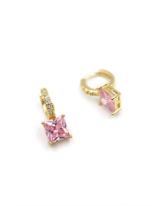 Kare Taşlı Küpe - Pembe