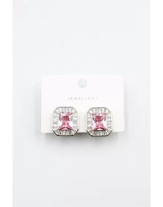 Kare Taşlı Küpe - Pembe