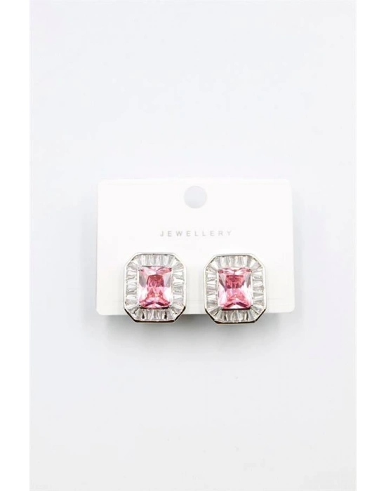 Kare Taşlı Küpe - Pembe