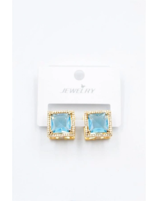 Kare Taşlı Küpe - Turkuaz