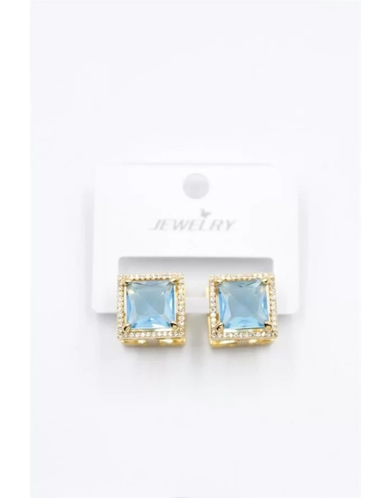 Kare Taşlı Küpe - Turkuaz