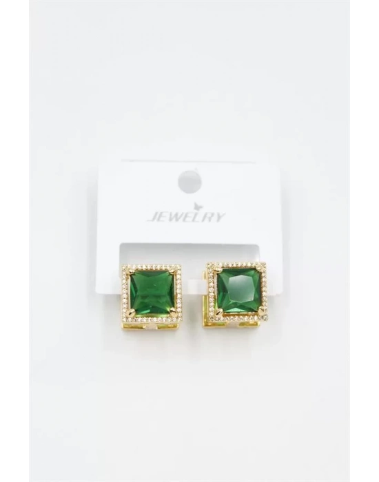 Kare Taşlı Küpe - Yeşil