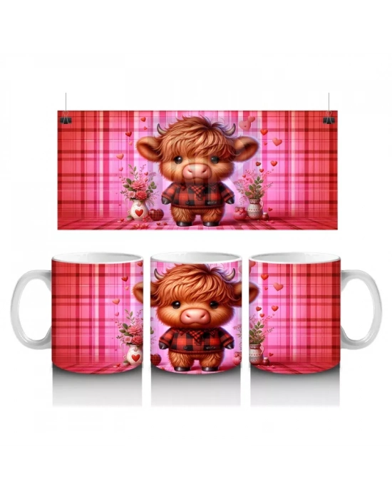 Kareli Arka Planda Çiçek Tutan Sevimli Buzağı – Baskılı Kahve Kupası