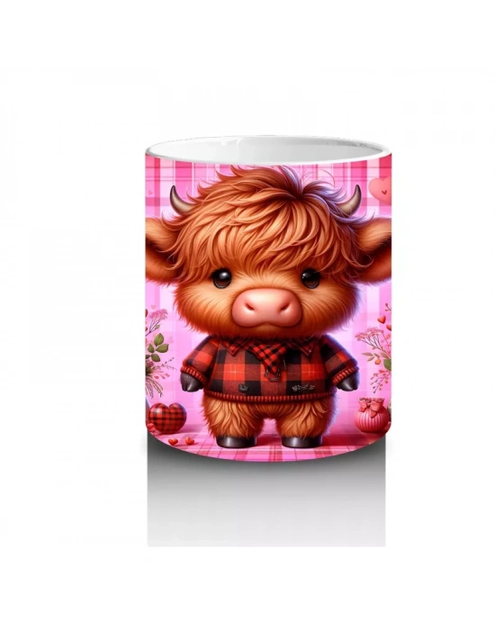 Kareli Arka Planda Çiçek Tutan Sevimli Buzağı – Baskılı Kahve Kupası