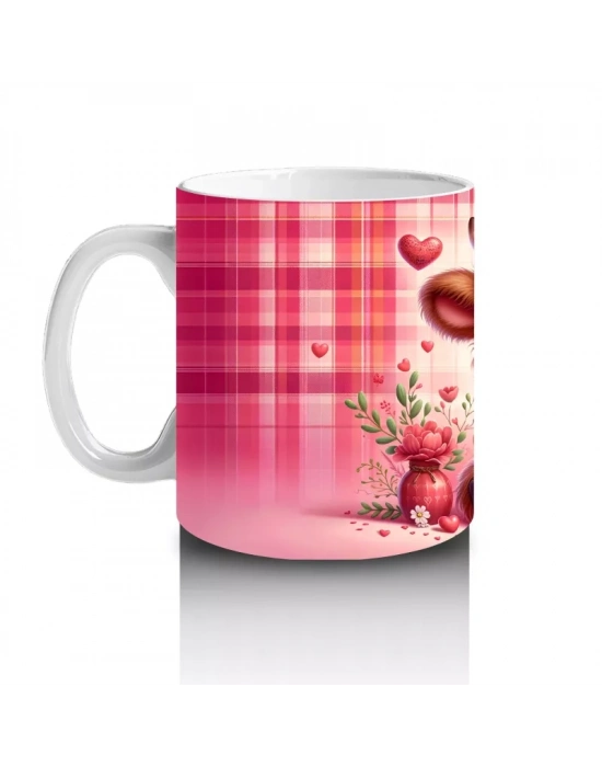 Kareli Pembe Arka Planda Oturan Tatlı Buzağı – Baskılı Kahve Kupası