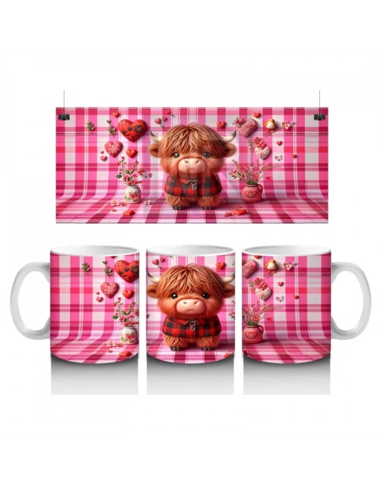 Kareli Pembe Fon ve Kalpli Buzağı – Baskılı Kupa Bardak