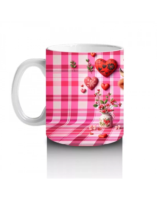 Kareli Pembe Fon ve Kalpli Buzağı – Baskılı Kupa Bardak