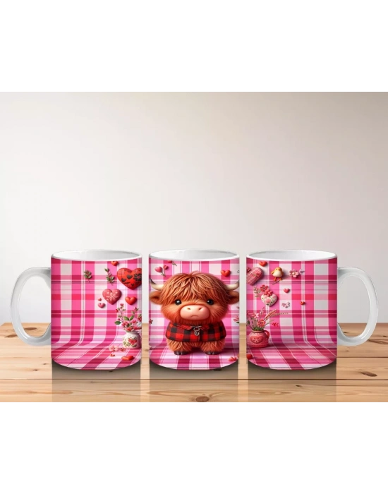 Kareli Pembe Fon ve Kalpli Buzağı – Baskılı Kupa Bardak