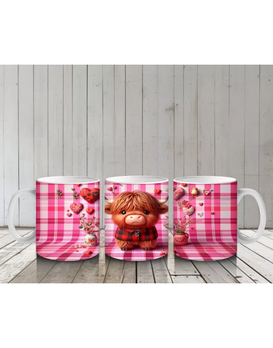 Kareli Pembe Fon ve Kalpli Buzağı – Baskılı Kupa Bardak