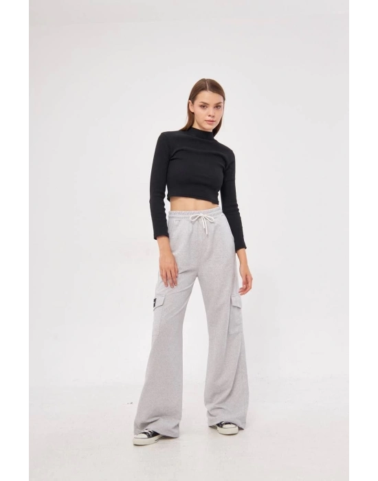 Kargo Cepli Palazzo Oversize Kesim İki iplik Bol Paça Eşofman Altı Pantalon - Gri