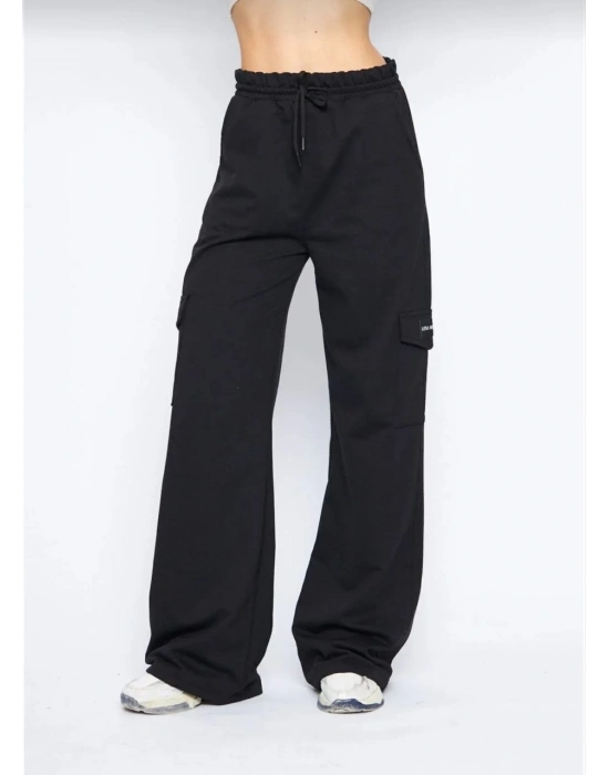 Kargo Cepli Palazzo Oversize Kesim İki iplik Bol Paça Eşofman Altı Pantalon - Siyah