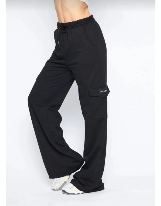 Kargo Cepli Palazzo Oversize Kesim İki iplik Bol Paça Eşofman Altı Pantalon - Siyah