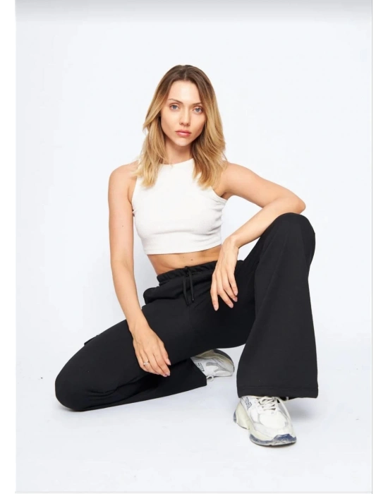 Kargo Cepli Palazzo Oversize Kesim İki iplik Bol Paça Eşofman Altı Pantalon - Siyah