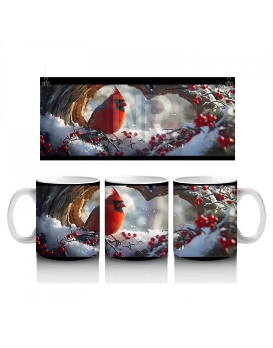 Karla Kaplı Dallar Üzerinde Kardinal Kuşu – Baskılı Kahve Kupası