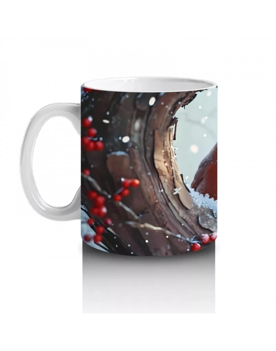 Karlarla Kaplı Ağaç Dallarında Kırmızı Kardinal – Baskılı Kahve Kupası