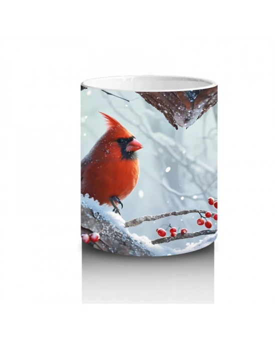 Karlarla Kaplı Ağaç Dallarında Kırmızı Kardinal – Baskılı Kahve Kupası
