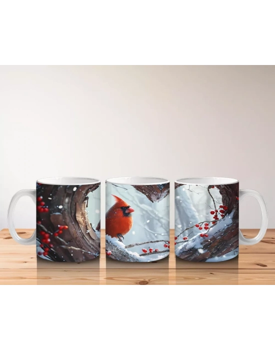 Karlarla Kaplı Ağaç Dallarında Kırmızı Kardinal – Baskılı Kahve Kupası
