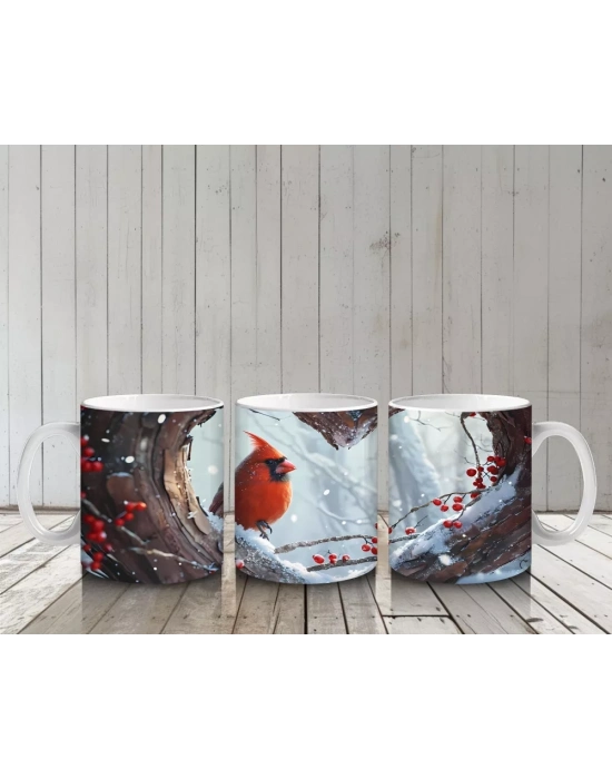 Karlarla Kaplı Ağaç Dallarında Kırmızı Kardinal – Baskılı Kahve Kupası