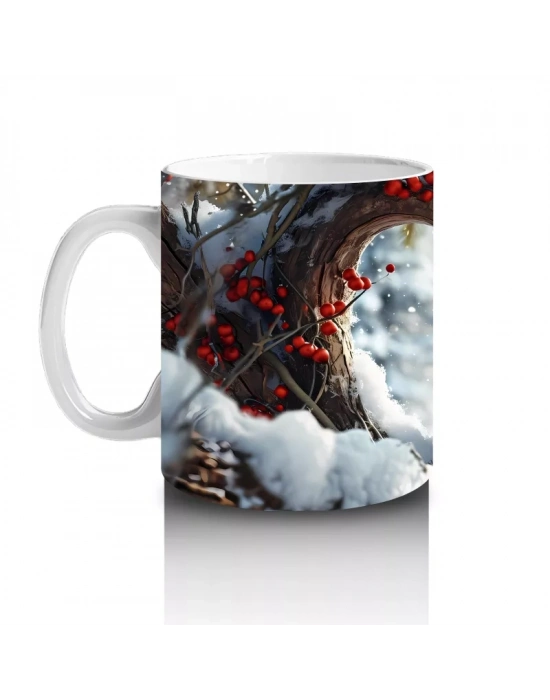 Karlı Dallar Arasında Duran Kırmızı Kardinal – Baskılı Kahve Kupası