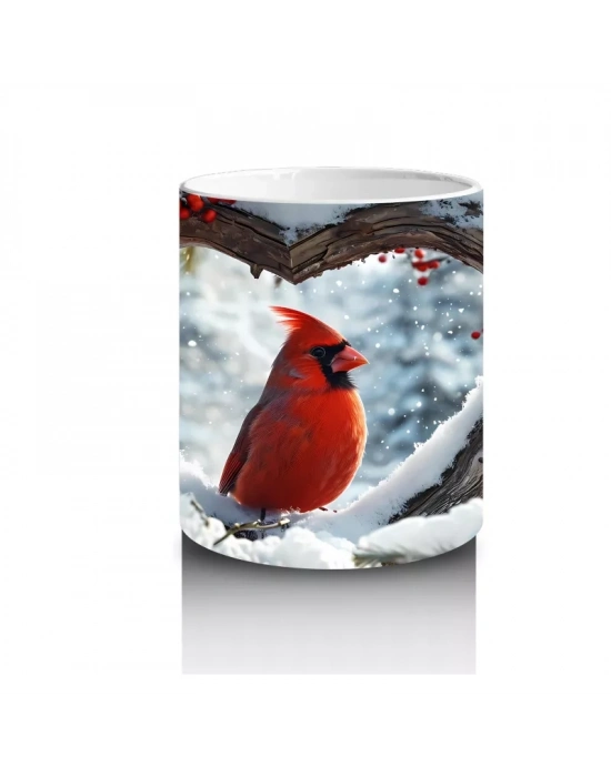 Karlı Dallar Arasında Duran Kırmızı Kardinal – Baskılı Kahve Kupası