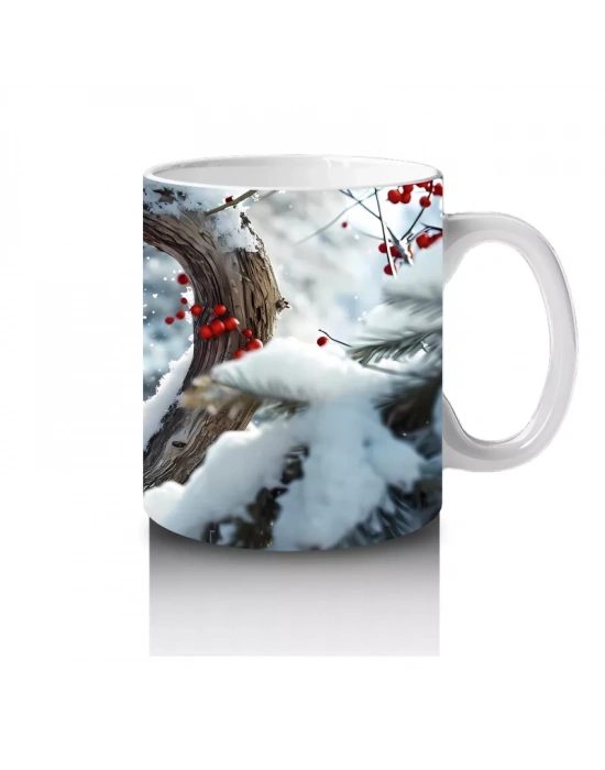 Karlı Dallar Arasında Duran Kırmızı Kardinal – Baskılı Kahve Kupası