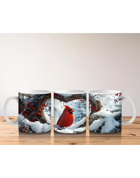 Karlı Dallar Arasında Duran Kırmızı Kardinal – Baskılı Kahve Kupası