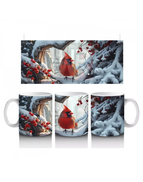 Karlı Dallar Üzerinde Kırmızı Kardinal Kuş – Baskılı Kahve Kupası