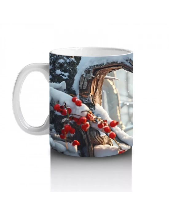 Karlı Dallar Üzerinde Kırmızı Kardinal Kuş – Baskılı Kahve Kupası