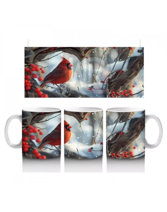 Karlı Dallarda Kardinal Kuş Çifti – Baskılı Kahve Kupası