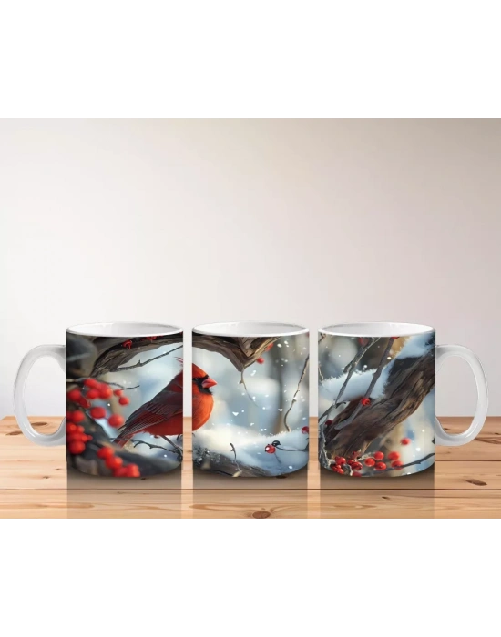 Karlı Dallarda Kardinal Kuş Çifti – Baskılı Kahve Kupası