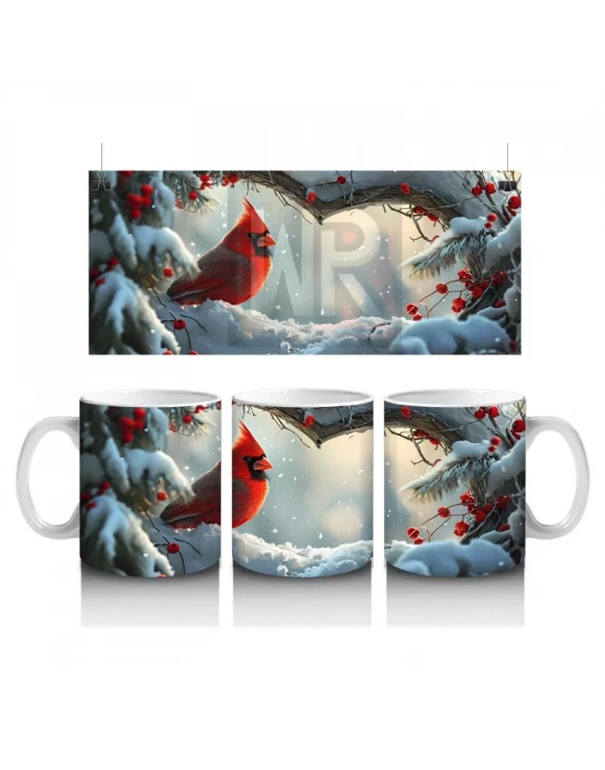 Karlı Dallarda Kırmızı Kardinal Kuşu – Baskılı Kupa Bardak