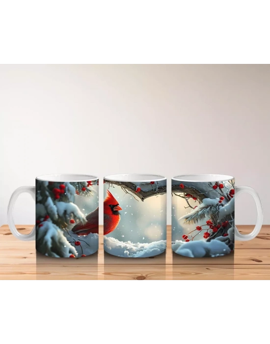 Karlı Dallarda Kırmızı Kardinal Kuşu – Baskılı Kupa Bardak