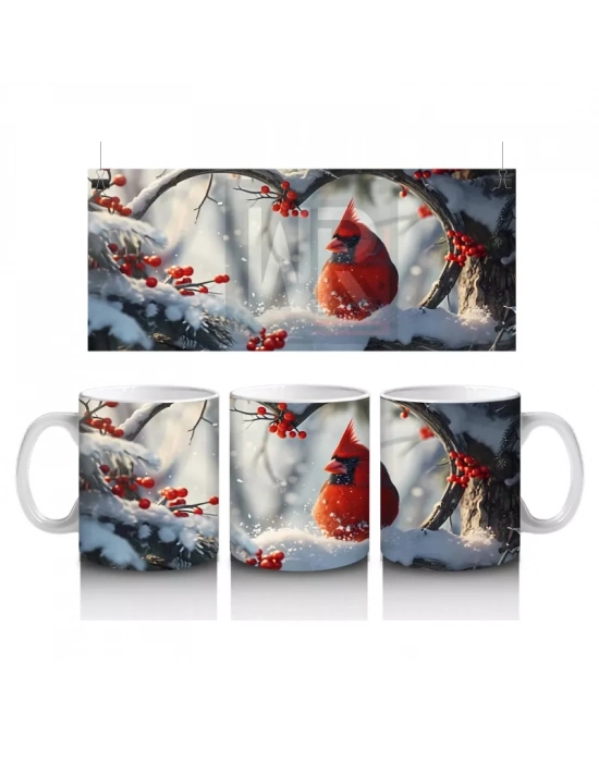Karlı Dallarda Neşeli Kırmızı Kardinal – Baskılı Kupa Bardak