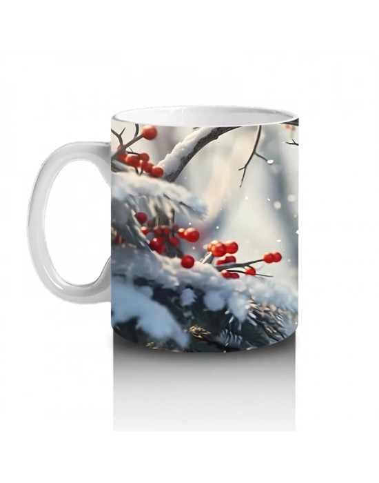 Karlı Dallarda Neşeli Kırmızı Kardinal – Baskılı Kupa Bardak