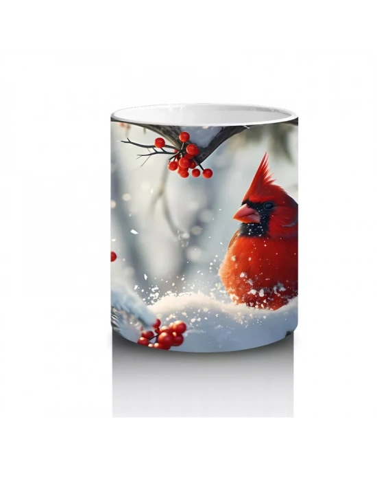 Karlı Dallarda Neşeli Kırmızı Kardinal – Baskılı Kupa Bardak