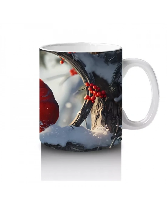 Karlı Dallarda Neşeli Kırmızı Kardinal – Baskılı Kupa Bardak