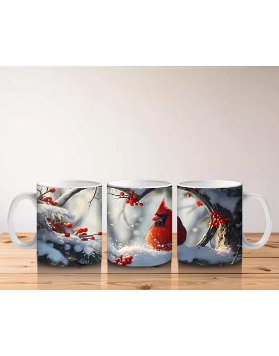 Karlı Dallarda Neşeli Kırmızı Kardinal – Baskılı Kupa Bardak