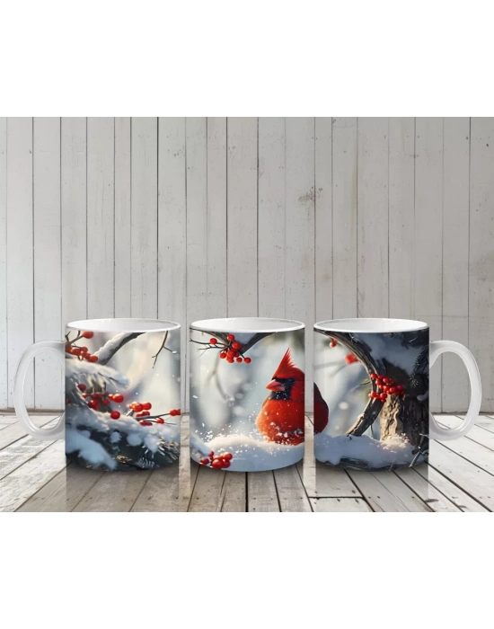 Karlı Dallarda Neşeli Kırmızı Kardinal – Baskılı Kupa Bardak