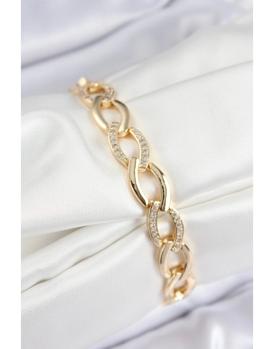 Pirinç Zirkon Taşlı Zincir Model Gold Renk Kadın Bileklik