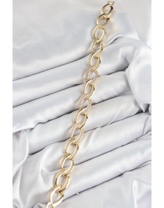 Pirinç Zirkon Taşlı Zincir Model Gold Renk Kadın Bileklik