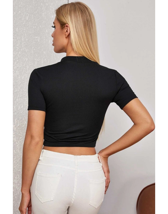 Kadın Siyah Yarım Fermuarlı ve Kısa Kollu Crop Top Bluz