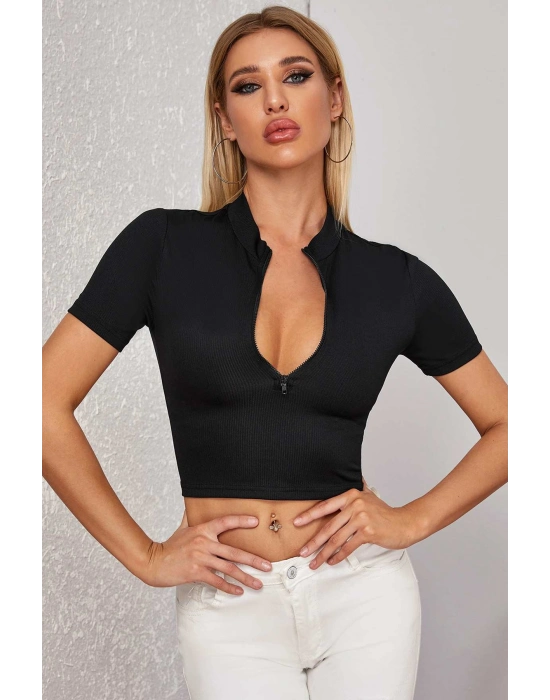 Kadın Siyah Yarım Fermuarlı ve Kısa Kollu Crop Top Bluz